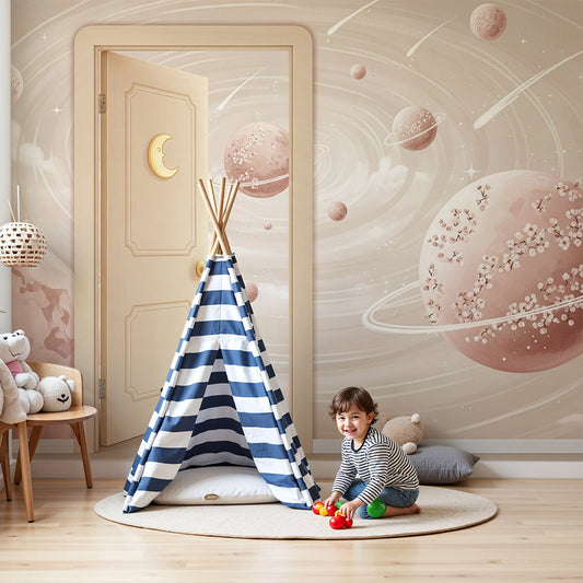 Moon door wall mural by Kids-Mundo styled beside a crib in a blossom-pink nursery