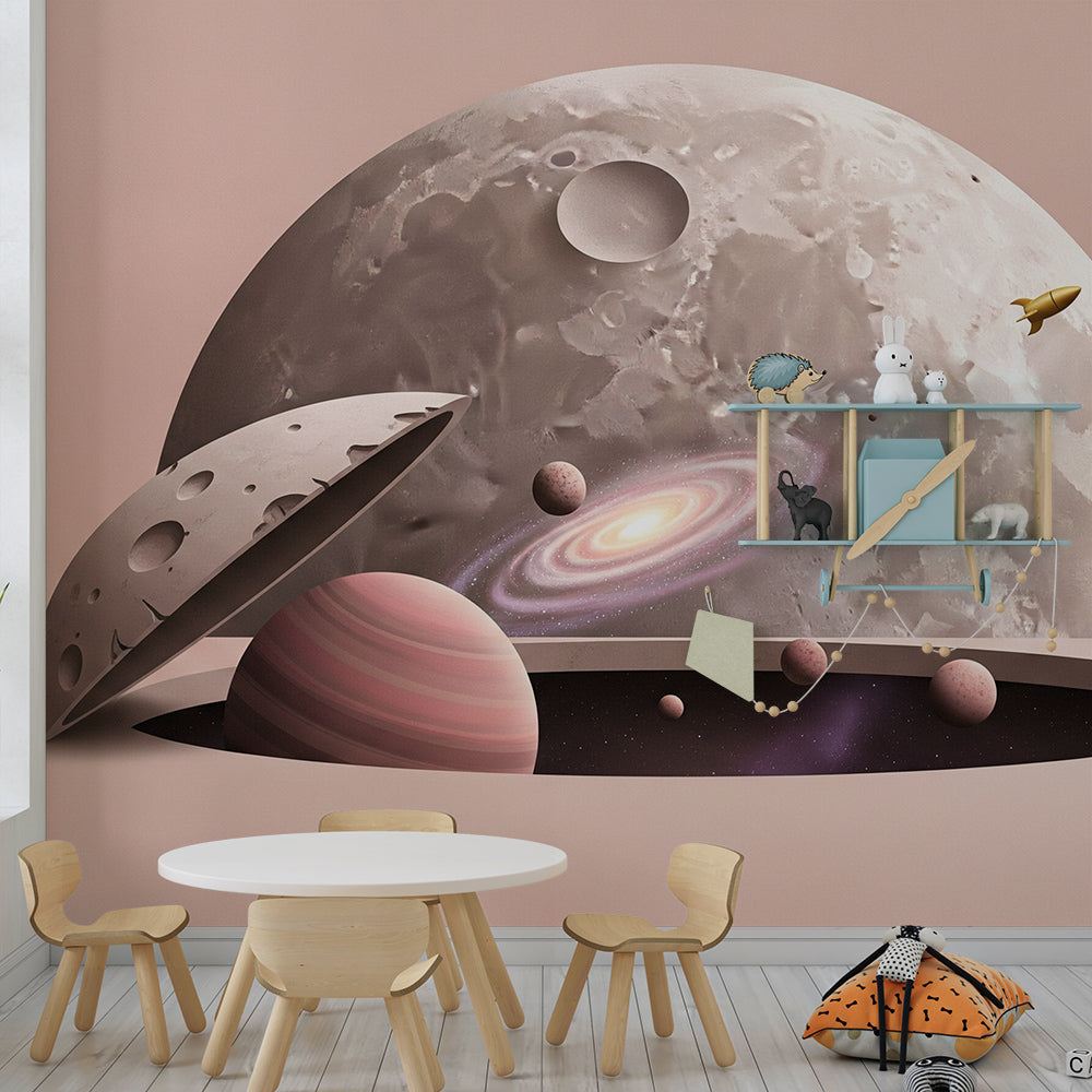Kids-Mundo moon and galaxy wall mural styled in an adventurous kids bedroom