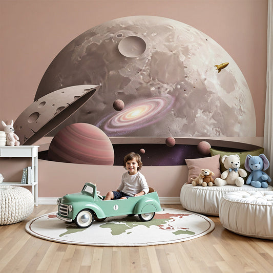 Kids-Mundo moon hatch galaxy wall mural with rocket in a soft pink baby nursery