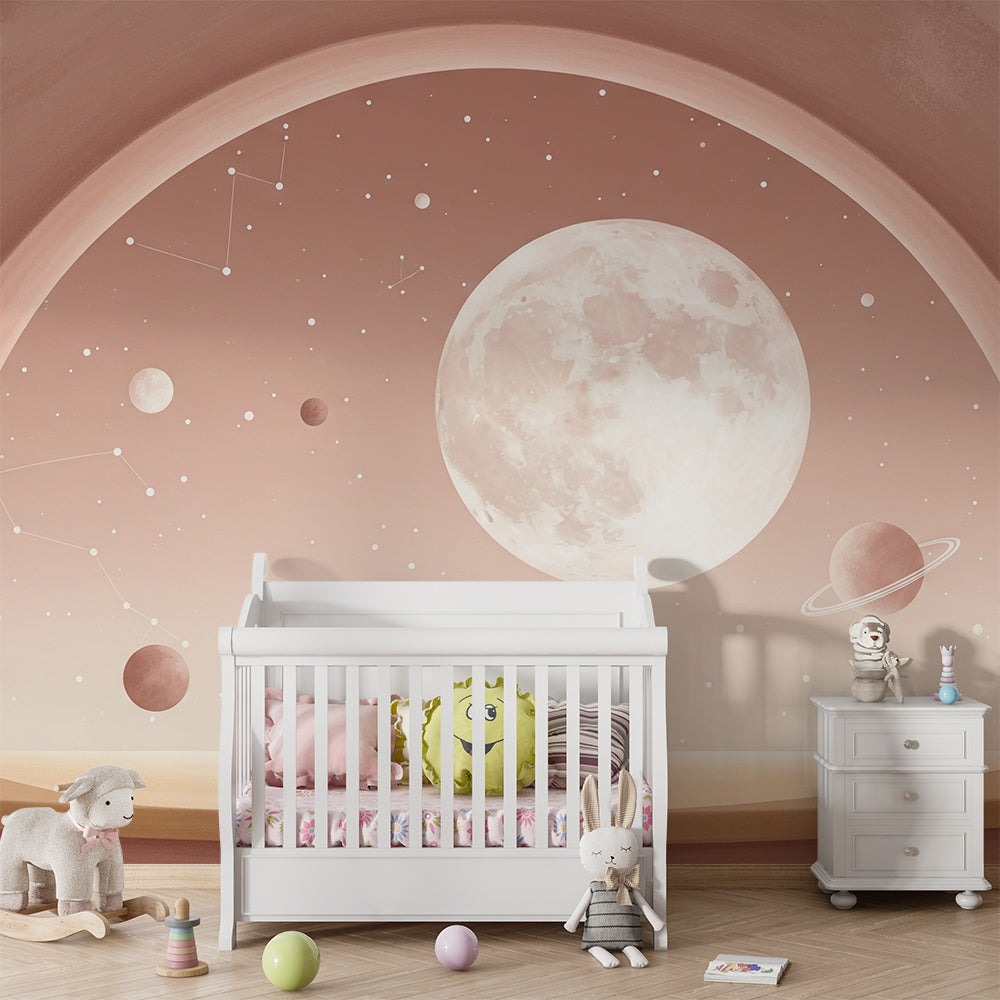 Kids-Mundo arched moon and planets wall mural on a feature wall in a girls' kids bedroom