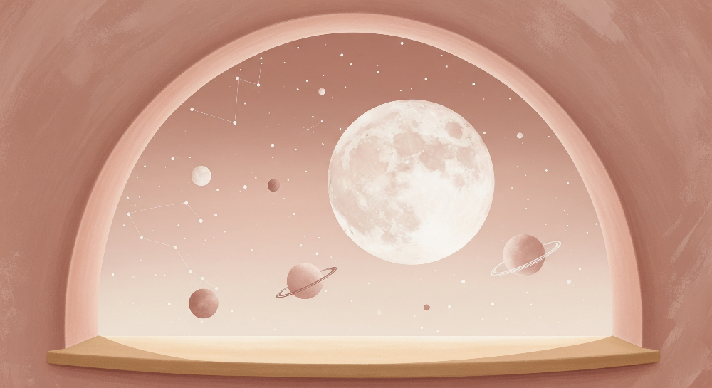 Flat artwork preview of the Kids-Mundo blush pink moon and planets wall mural design