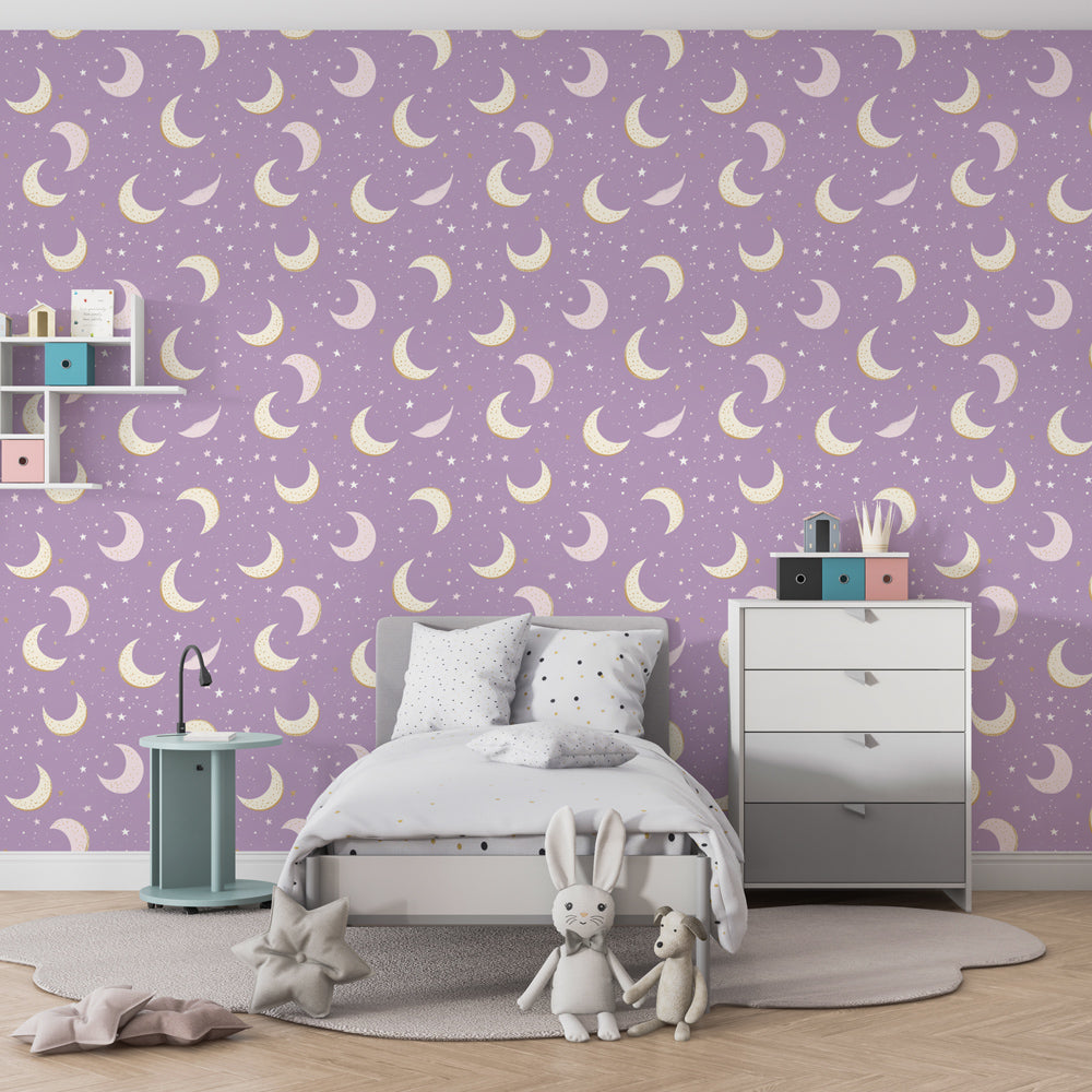 Moon and star mural wallpaper transforming kids room into magical space