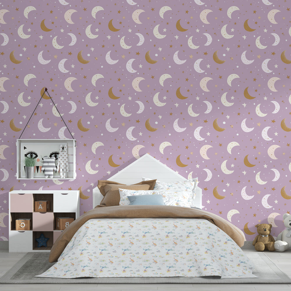 Celestial mural wallpaper with golden moons and stars in modern kids bedroom setting