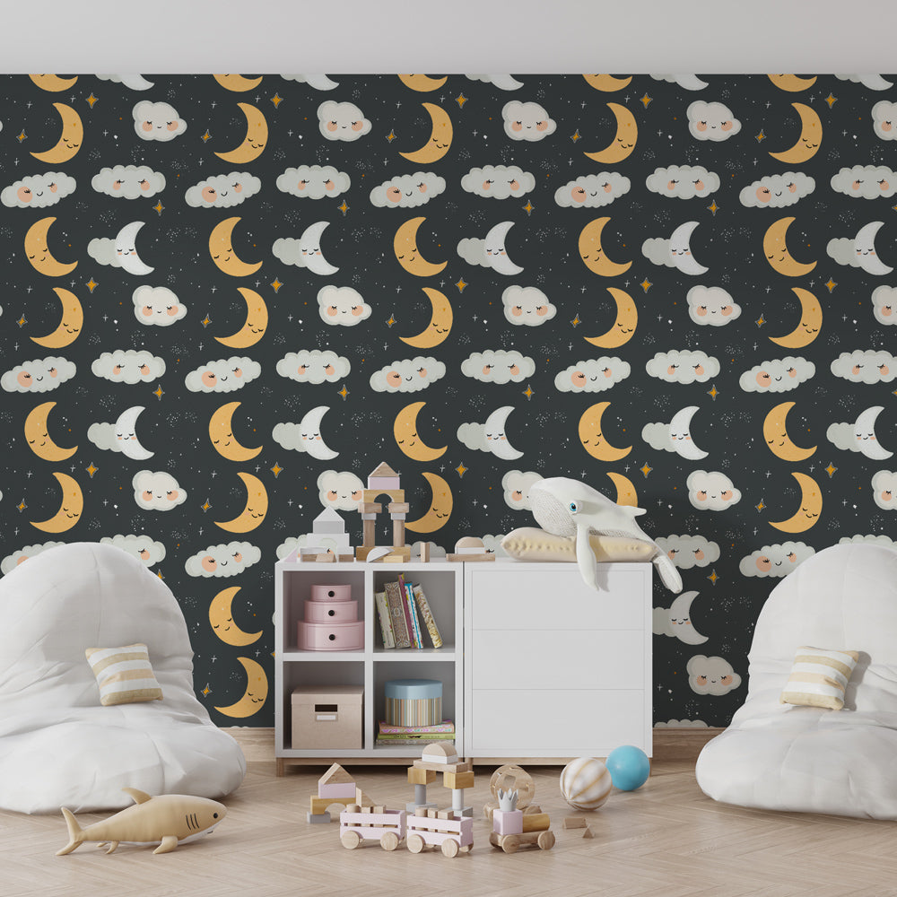 Smiling moon wallpaper transforming children's bedroom with gentle night sky theme