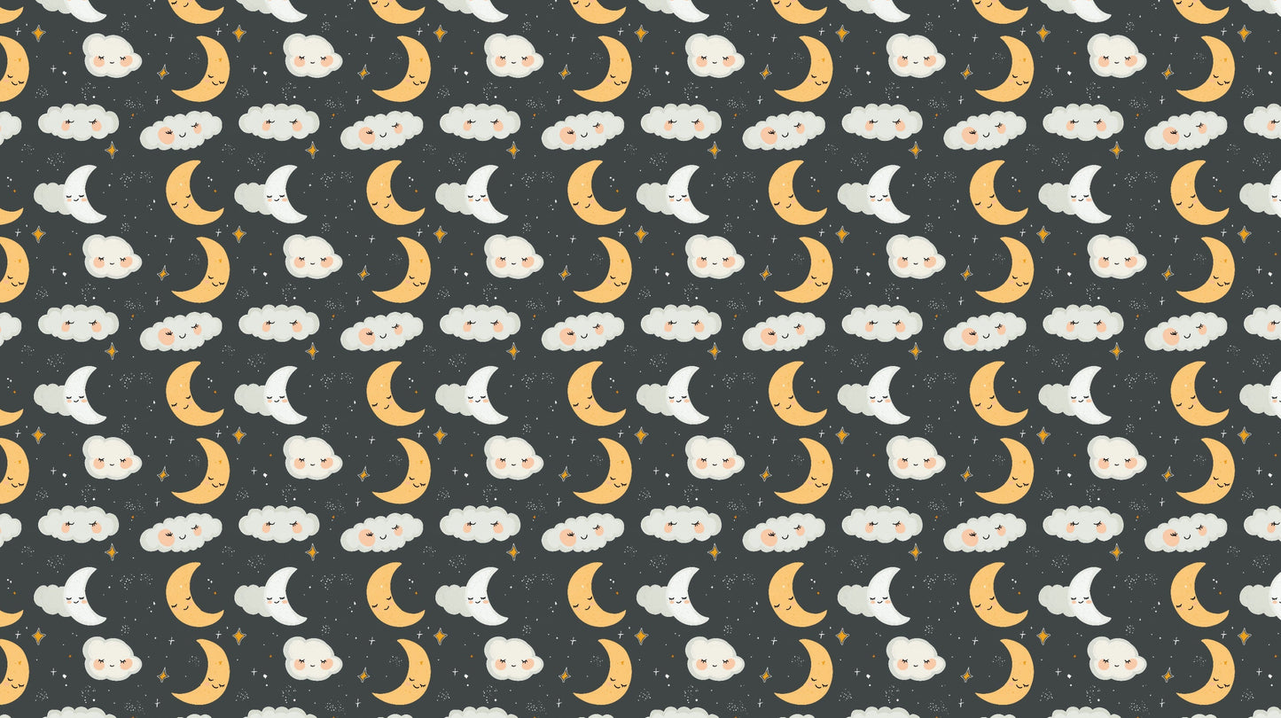 Detailed smiling moon and stars mural wallpaper design pattern with clouds by Kids-Mundo