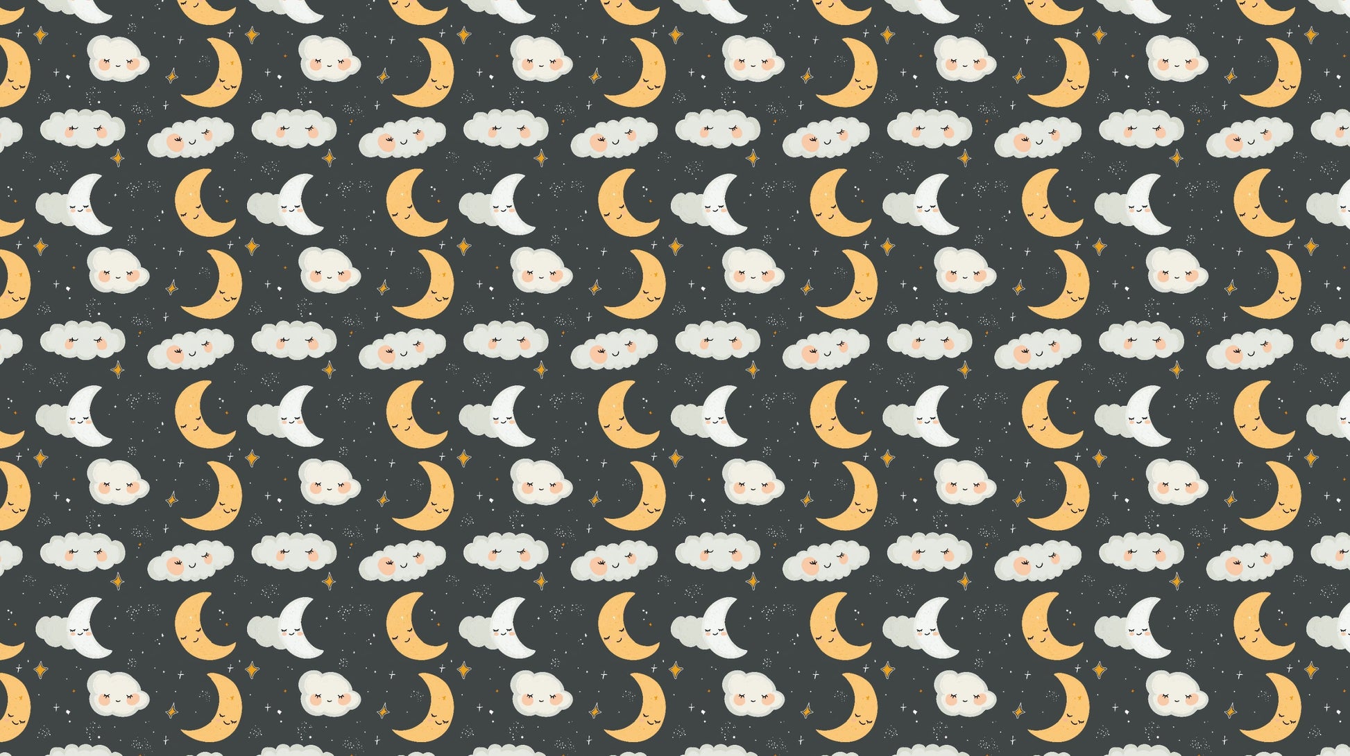 Detailed smiling moon and stars mural wallpaper design pattern with clouds by Kids-Mundo