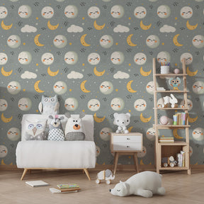 Night sky mural wallpaper with friendly moon faces creating calming bedtime environment for kids