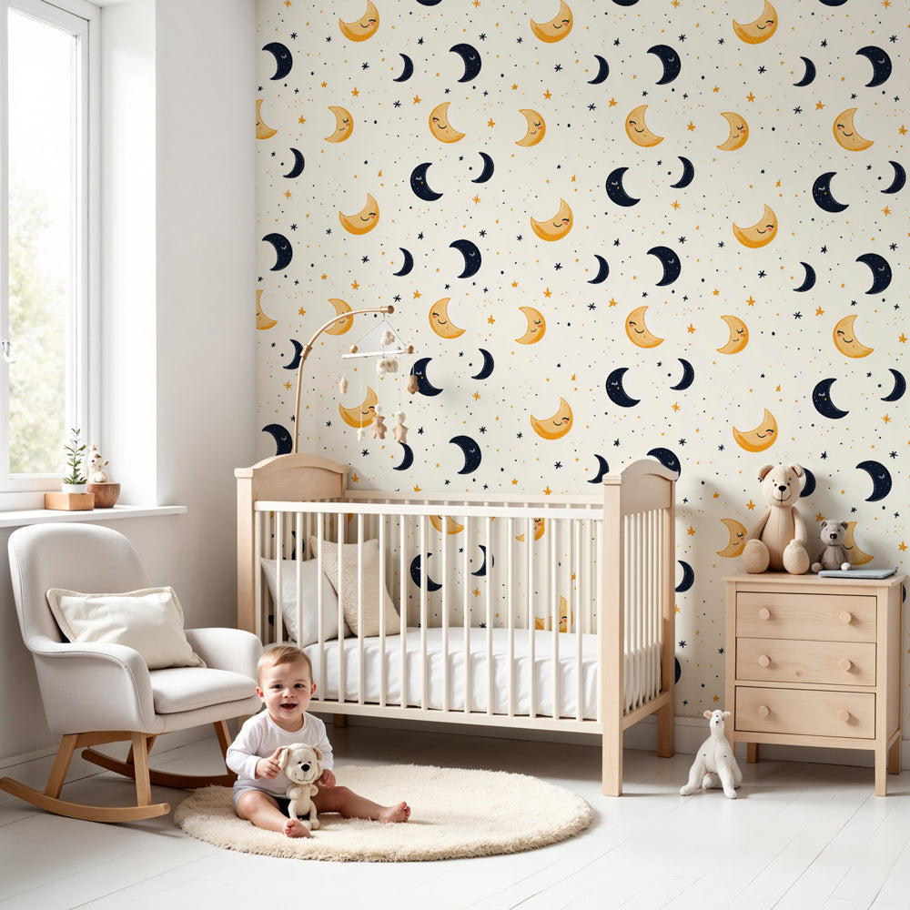 Moon and stars mural wallpaper creating magical celestial nursery decor by Kids-Mundo