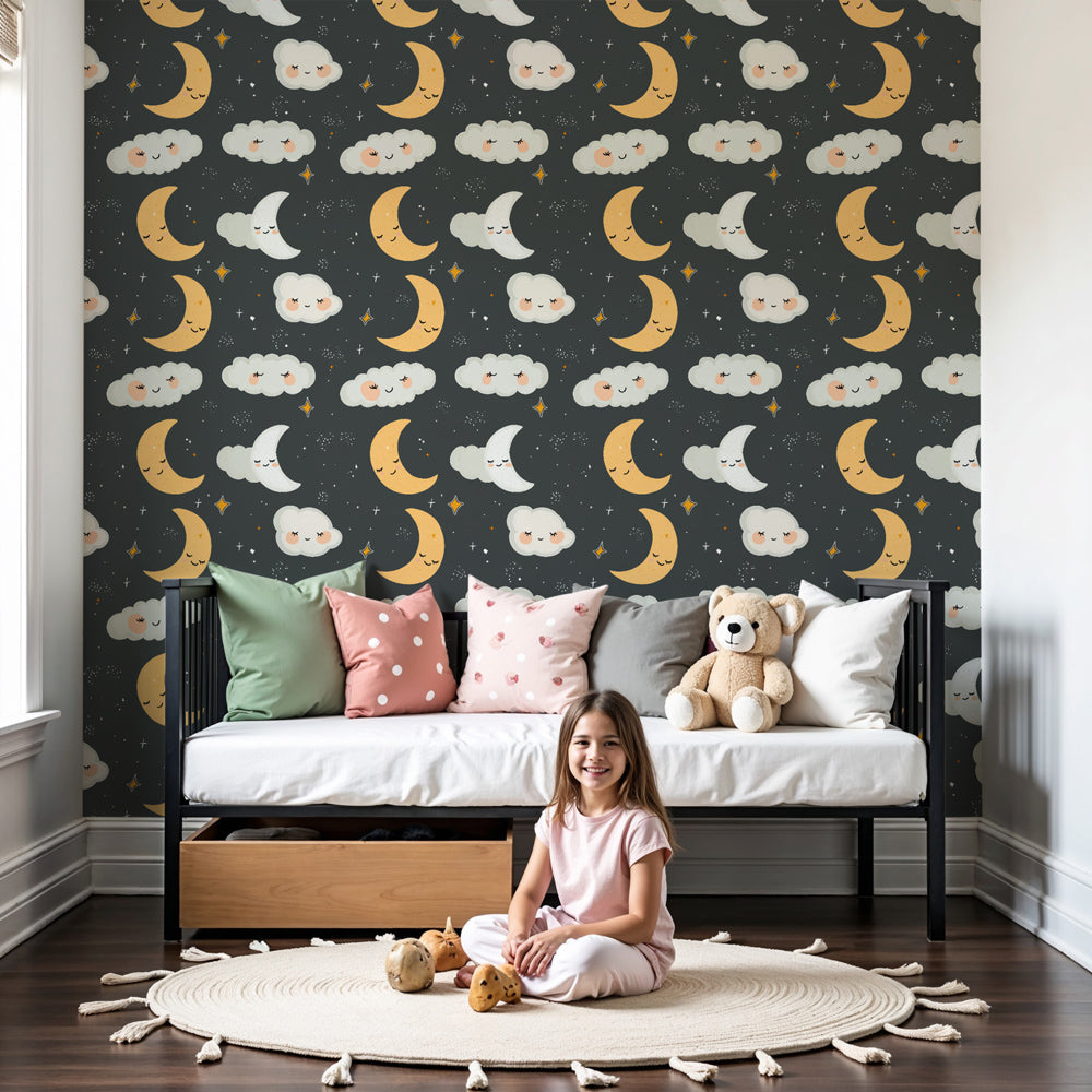 Moon and stars mural wallpaper creating magical nighttime atmosphere in modern nursery by Kids-Mundo
