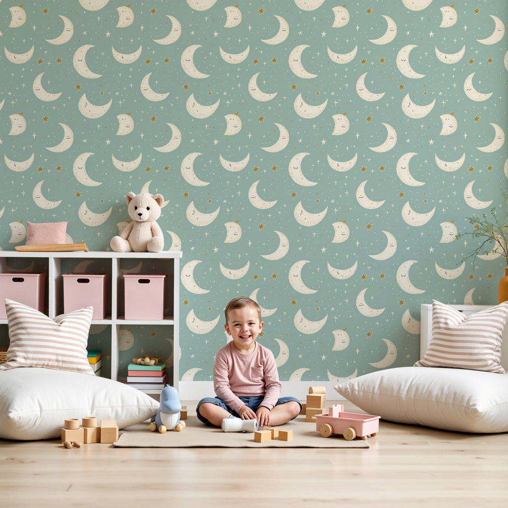 Moon stars mural wallpaper in modern nursery with golden celestial design on blue background by Kids-Mundo