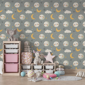Smiling celestial moon stars wallpaper decorating cozy children's bedroom with dreamy night sky theme