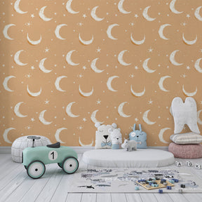 Celestial moon stars wallpaper decorating modern toddler bedroom with dreamy night sky theme