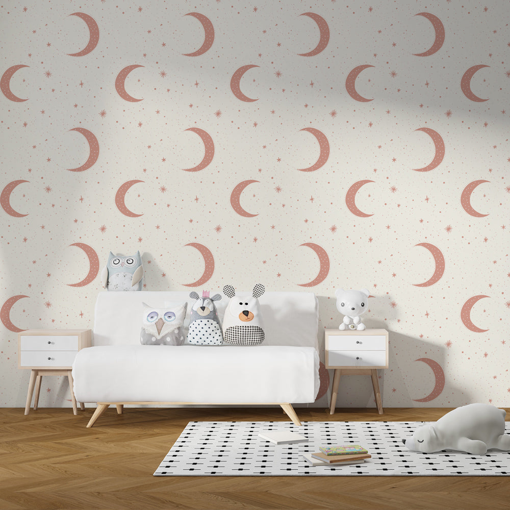 Celestial mural wallpaper with crescent moons and stars in soft pastels for kids room by Kids-Mundo
