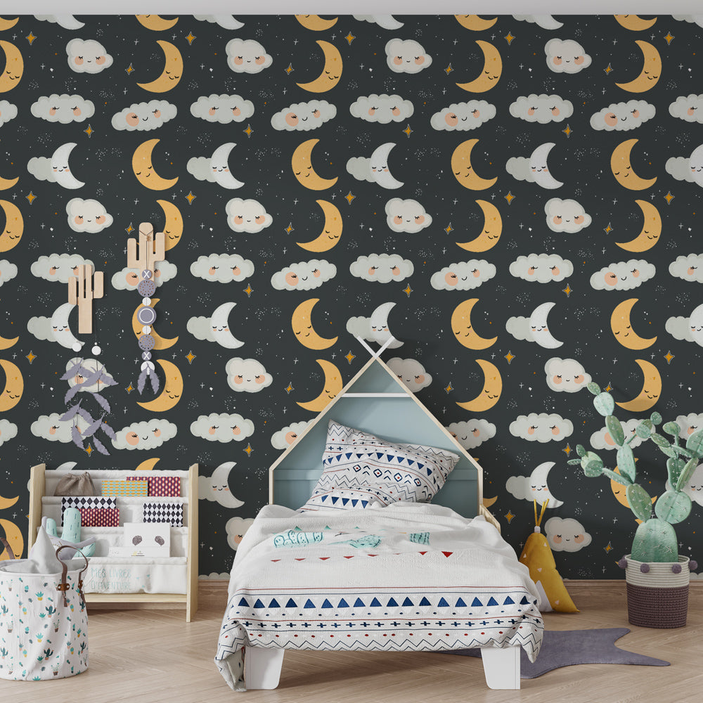 Night sky themed wallpaper with smiling clouds and stars for cozy toddler bedroom