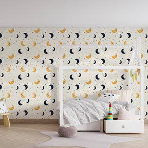 Celestial themed mural wallpaper transforming toddler room into dreamy night sky sanctuary