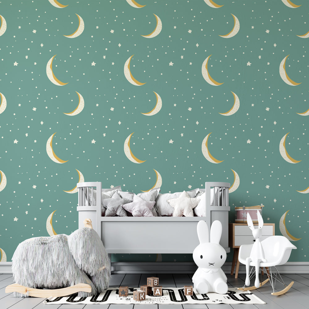 Moon and stars mural wallpaper transforming kids playroom with dreamy celestial theme