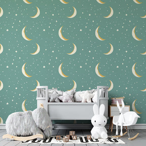 Moon and stars mural wallpaper transforming kids playroom with dreamy celestial theme