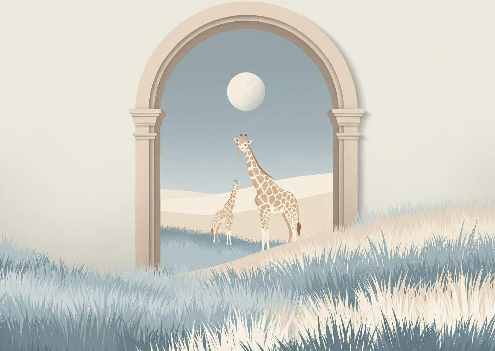 Kids-Mundo flat artwork preview of the giraffe moonlit dunes archway wall mural design