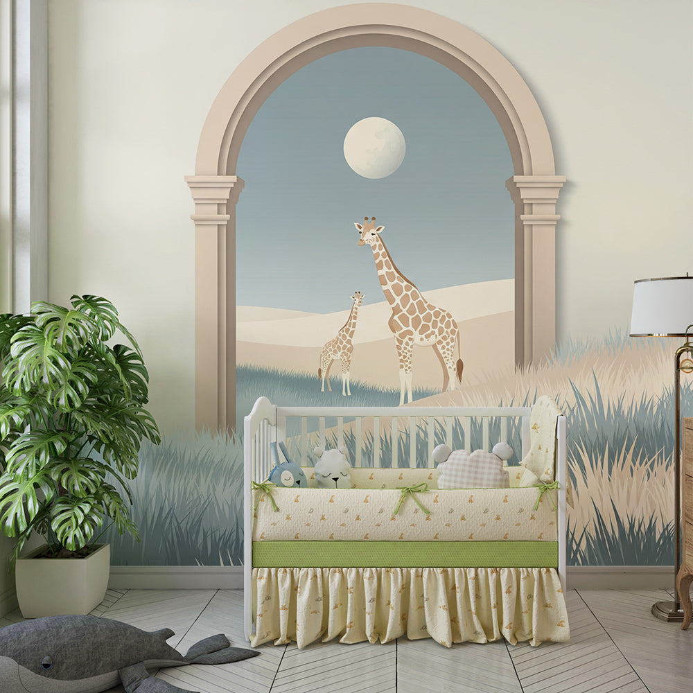 Kids-Mundo giraffe dunes archway wall mural adding a dreamy backdrop to a playroom wall