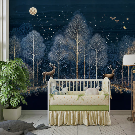Kids-Mundo forest wall mural with stags in a kids' bedroom under a starry night sky