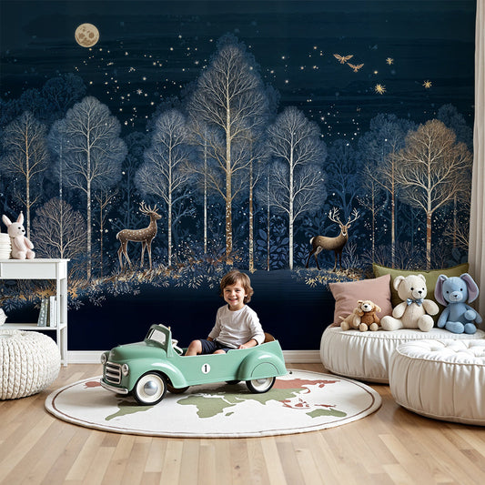 Kids-Mundo moonlit forest wall mural in a calm nursery with a cot and soft night lighting