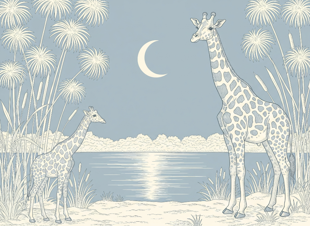 Kids-Mundo flat artwork preview of the giraffe moonlit lake wall mural design