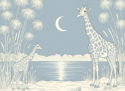 Kids-Mundo flat artwork preview of the giraffe moonlit lake wall mural design