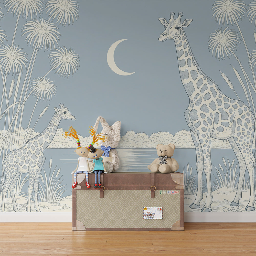 Kids-Mundo giraffe lake wall mural bringing a peaceful blue tone to a playroom wall