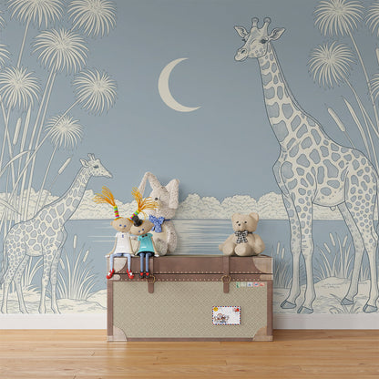 Kids-Mundo giraffe lake wall mural bringing a peaceful blue tone to a playroom wall