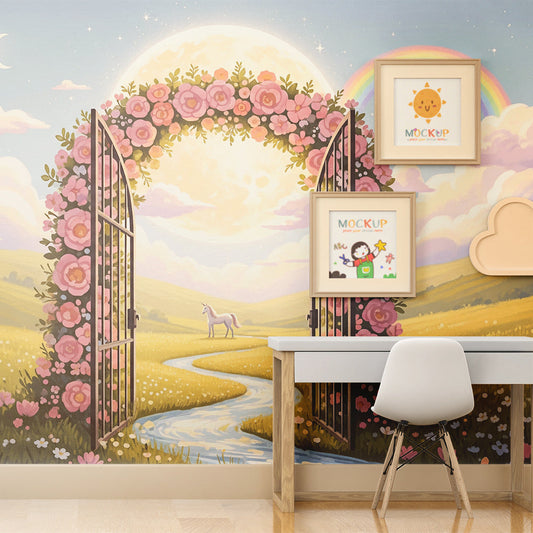 Kids-Mundo unicorn wall mural with a rose gate and rainbow shown on a kids bedroom wall.
