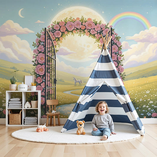 Kids-Mundo moonlit meadow unicorn wall mural mockup styled in a soft pastel nursery interior.