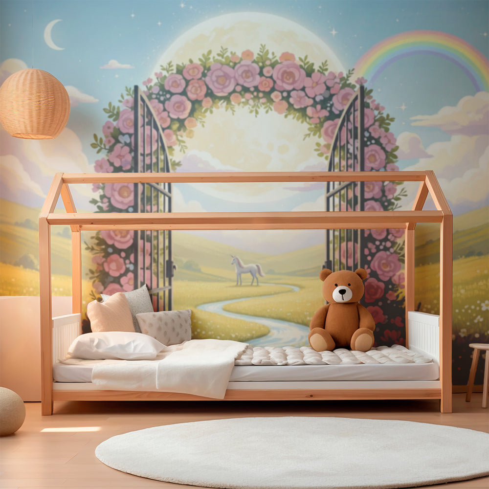 Kids-Mundo moonlit meadow mural mockup displayed on a bright children's playroom wall.