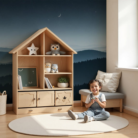 Kids-Mundo moonlit mountain forest wall mural made to measure above a bed in a calm kids bedroom