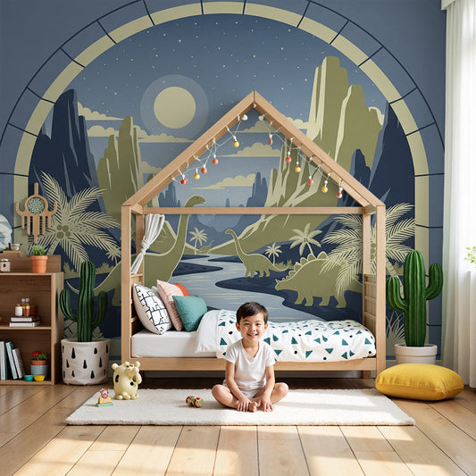 Kids-Mundo moonlit dinosaur valley mural styled in a calm, star-themed nursery room.
