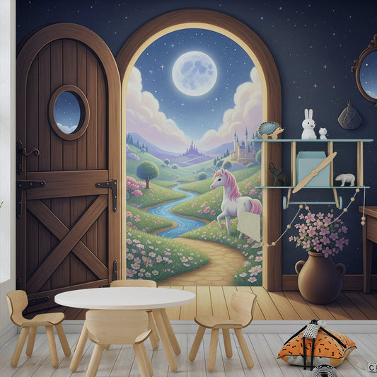 Kids-Mundo wall mural of a night-time unicorn meadow and castle behind a wooden door, in a child's bedroom.