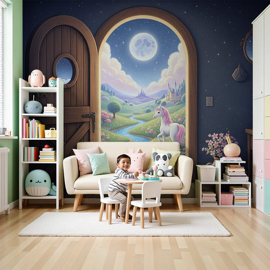 Kids-Mundo moonlit unicorn wall mural with fairytale castle scene in a soft pastel nursery.