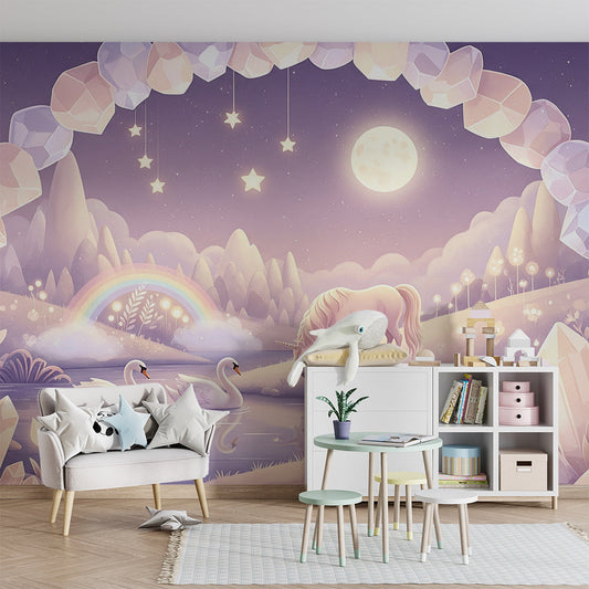 Kids-Mundo unicorn wall mural on a kids' bedroom wall with a crystal arch and full moon