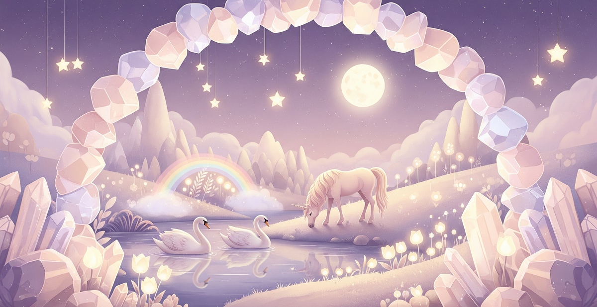 Moonlit Unicorn and Swans Crystal Arch Wall Mural