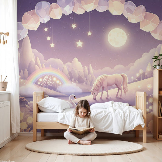 Kids-Mundo unicorn nursery wallpaper mural showing a moonlit unicorn beside a lake with swans