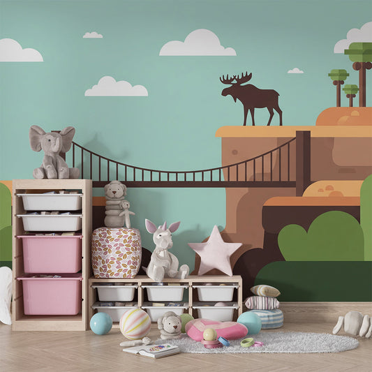 Kids-Mundo moose suspension bridge wall mural behind a bed in a kids bedroom