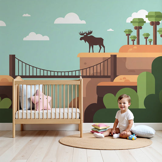 Kids-Mundo moose canyon wall mural in a teal nursery beside a cot and rug