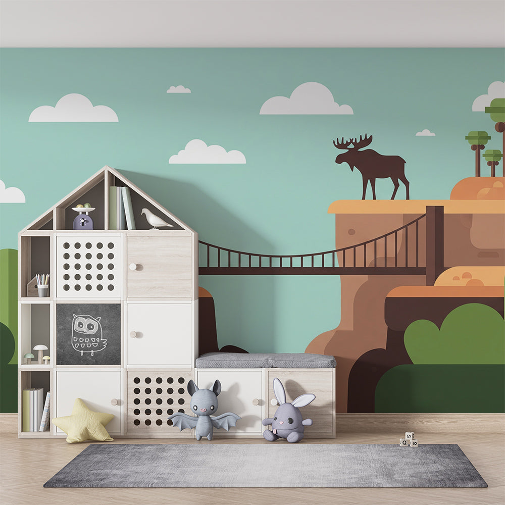 Kids-Mundo moose landscape wall mural covering a wall in a children's playroom