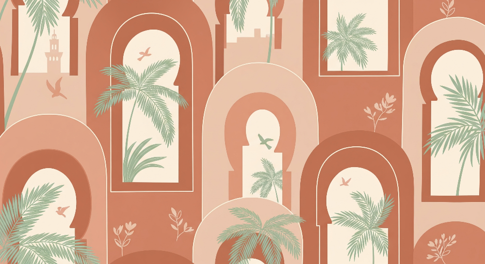 Kids-Mundo flat artwork of terracotta Moroccan archways with palm trees and small birds in flight