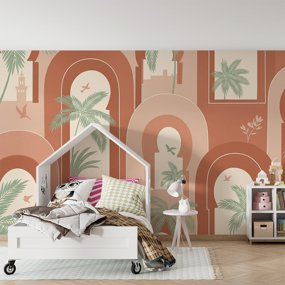 Kids-Mundo Moroccan palm tree wall mural bringing warm archways and birds to a playroom wall