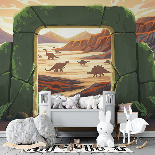 Kids-Mundo canyon dinosaur herd wall mural on a feature wall in a kids bedroom