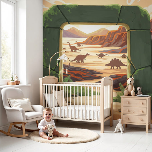 Kids-Mundo mossy portal canyon dinosaur herd mural in a warm-toned nursery room