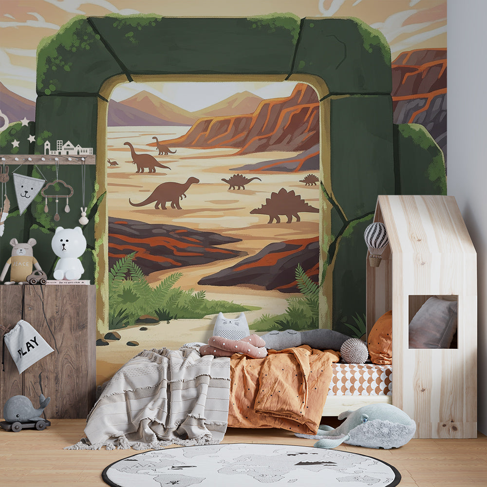 Kids-Mundo dinosaur canyon mural brightening an adventurous children's playroom