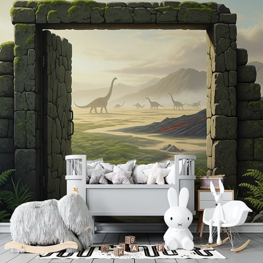 Kids-Mundo dinosaur gateway wall mural covering a child's bedroom feature wall.