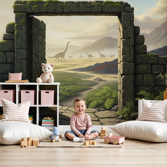 Kids-Mundo mossy stone gateway dinosaur mural styled in a calm, muted nursery room.