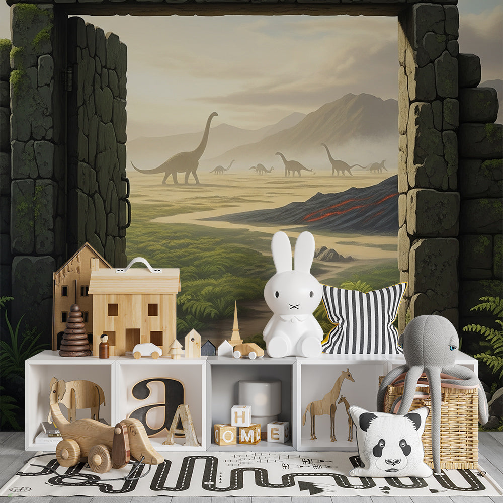 Kids-Mundo stone gateway dinosaur mural adding adventure to a family playroom wall.